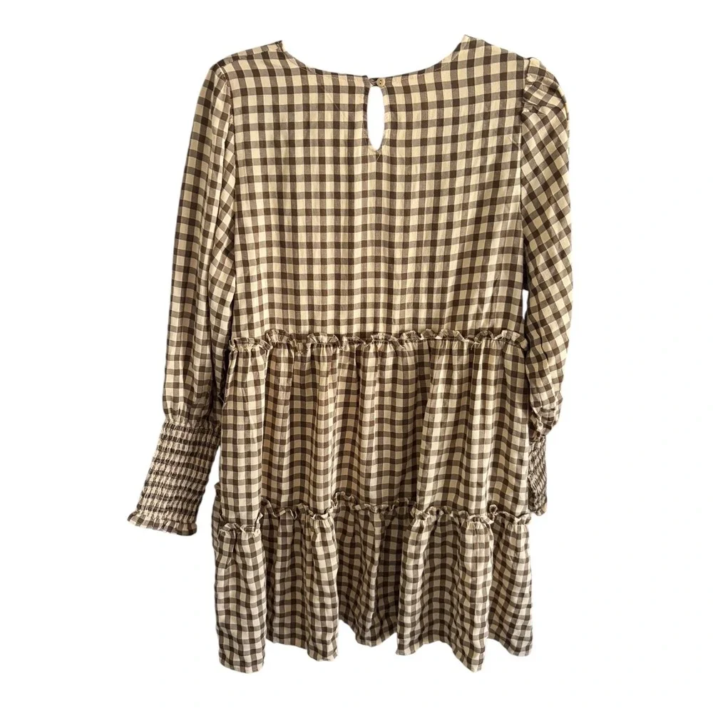 Talulah Brown Gingham‎ Tiered Mini Dress Smocked Sleeve Womens S